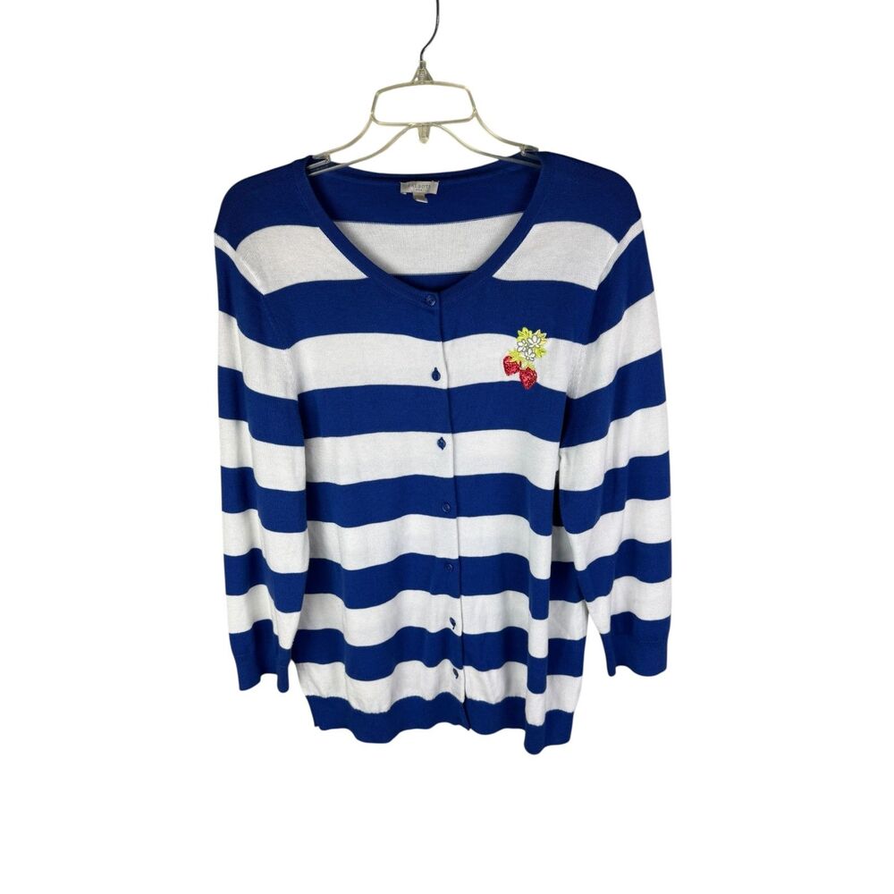 talbots striped button down cardigan blue White Size XL Strawberry Embroidered